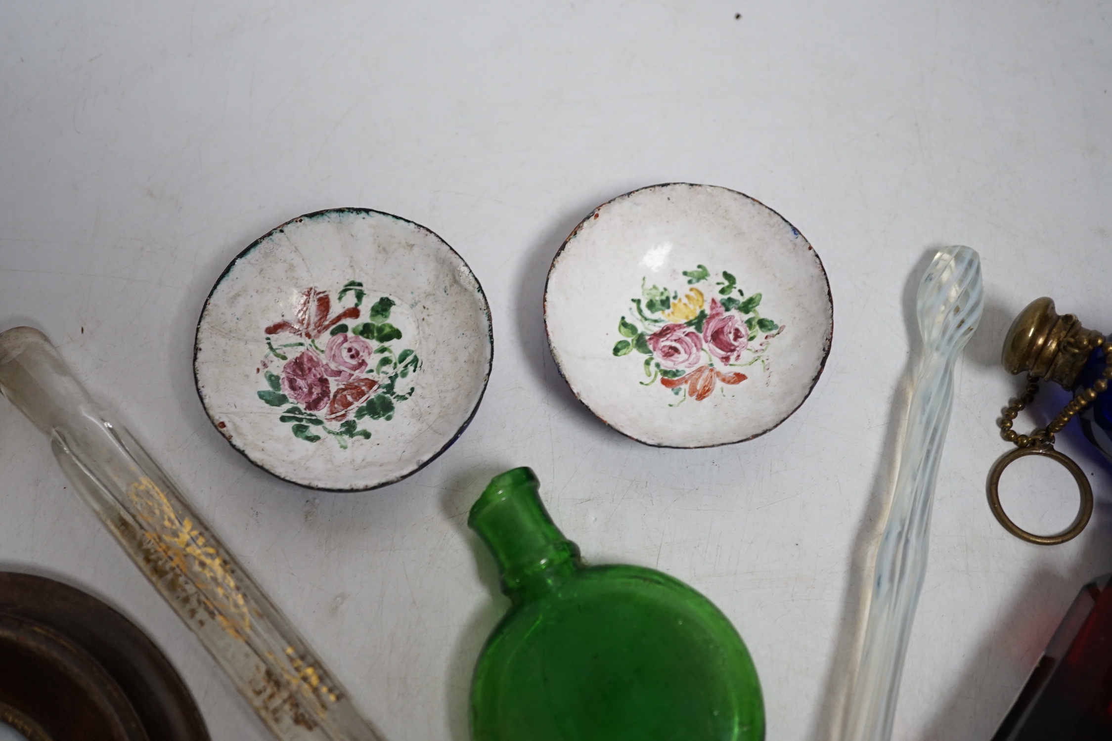 A collection of scent bottles, a miniature antiquity vessel and a miniature of a lady